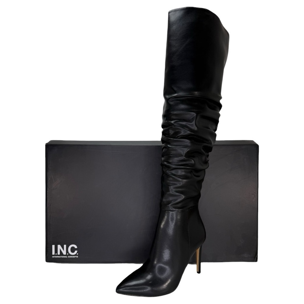 INC Iyonna Black Faux Leather Ruched Shaft OTK Heeled Womens Boots Size 8M - Picture 1 of 12
